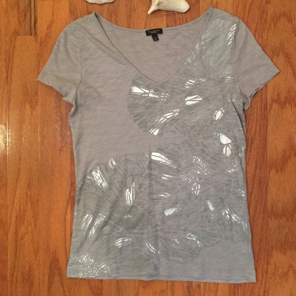 Talbots Size Small Women T shirt Seashells Shimmer Beach Nautical Short Sleeve - Picture 2 of 6